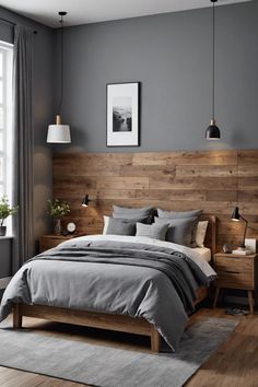 a bedroom with grey walls and wooden headboard on the bed, along with two lamps