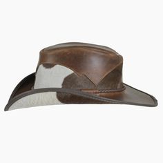 This exquisite Pinto leather cowboy hat offers the perfect combination of western and urban style. Its classic western outback brim, hair on calf mid crown, and brown three-braided band with a brown leather tab make for a sophisticated and timeless design. Whether you're looking to complete a cosmopolitan look or embrace your inner cowboy, this classic piece will always be en vogue. Featuring a super comfortable removable sweatband liner that attaches securely with velcro tabs sewn-in to the hat Brown Leather Brimmed Fedora, Brown Leather Fedora Hat, Brown Rugged Fedora With Curved Brim, Rugged Brown Fedora With Curved Brim, Rustic Brown Brimmed Fedora, Fitted Brown Western Hat, Rustic Brown Flat Brim Fedora, Rugged Brown Fedora With Flat Brim, Brown Rugged Fedora With Flat Brim