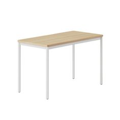 a white table with a wooden top and two metal legs, against a white background