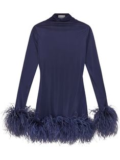 blue stretch-design round neck long sleeves straight hem thigh-length feather-trim detailing 16 Arlington, Feather Cuffs, Feather Fashion, Sublimation Ideas Projects Inspiration, Mini Dress Blue, Sublimation Ideas, Feather Trim, Wardrobe Edit, Color Ink