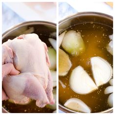 two pictures show chicken, onions and broth in a pot