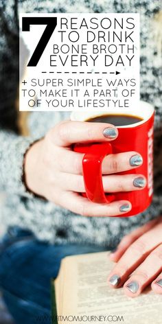 a woman holding a red coffee mug with her hands on top of it and the words 7