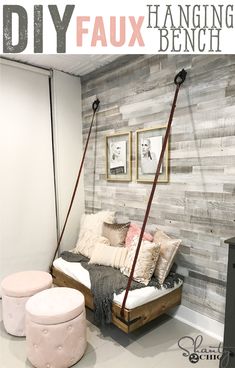 a room with a bed, stools and pictures on the wall behind it that is decorated in wood planks