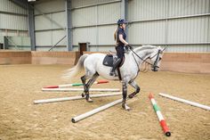 a woman riding on the back of a white horse in an indoor arena with colored markers