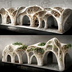 two photographs of an intricately designed building with trees growing out of the top and bottom