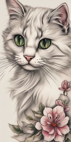 a white cat with green eyes and flowers on it's chest is looking at the camera