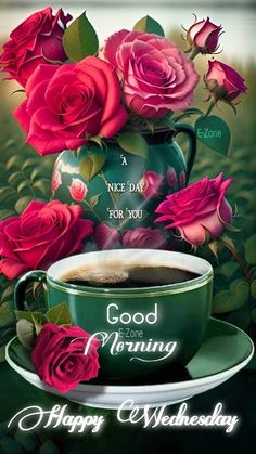 a cup of coffee with roses on it and the words, good morning happy wednesday