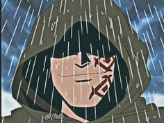 a painting of a person in the rain wearing a hoodie and holding an umbrella