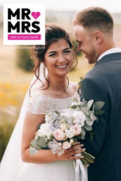 a bride and groom standing close together in front of the words mr & mrs written above them