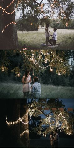 two people sitting on a bench under a tree at night and in the middle of an open field