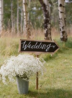 a sign that says wedding on it in front of some white flowers and birch trees