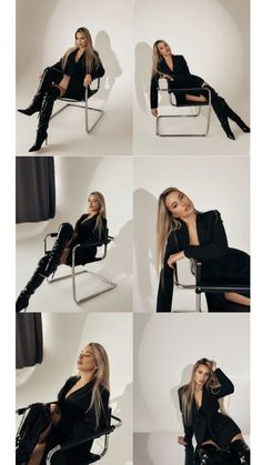 a woman sitting on top of a chair next to a white wall and posing for the camera