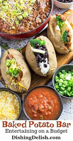 baked potato bar with chili, cheese and other condiments