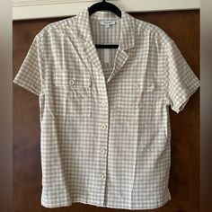 New With Tags, Never Worn, 100% Cotton Short Sleeve Collar Shirt, 2 Button Flap Pockets On Front, Cute With Jeans, Shorts Etc Gingham Button-up Tops For Daywear, Relaxed Fit Gingham Button-up Shirt, Classic Plaid Summer Blouse, Collared Gingham Tops With Relaxed Fit, Casual Gingham Shirt For Daywear, Collared Gingham Top With Buttons, Gingham Button-up Tops For Workwear, Gingham Short Sleeve Shirt For Workwear, Relaxed Fit Gingham Tops With Button Closure