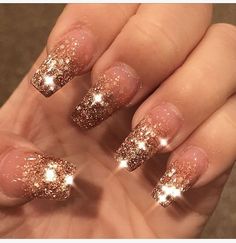 Rose Gold Nails Acrylic, Ongles Bling Bling, Fall Acrylic, Gold Acrylic Nails, Ombre Nails Glitter, Nails Winter, Rose Gold Nails, Nails Glitter