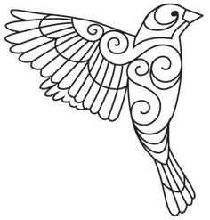 a black and white drawing of a bird with swirls on it's wings