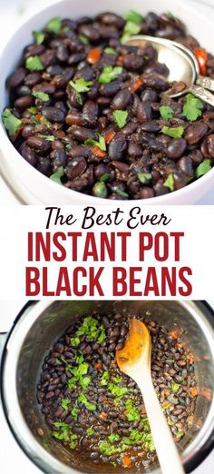 mexican black beans in a white bowl with a spoon