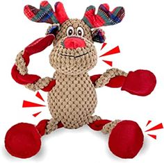 a stuffed animal with red legs and antlers