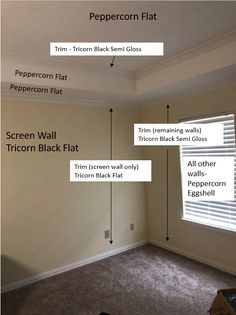 an empty room with three different types of window coverings and the words peppercorn flat