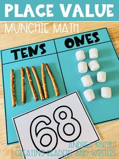 This photo shows an example of Munchie Math for place value where pretzel sticks and mini marshmallows are being used to represent tens and ones. The photo links to a blog post featuring games and activities for teaching place value to first grade children.