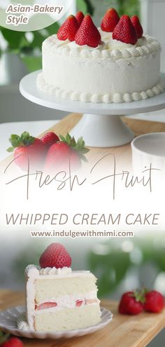 Fresh cream cake on a cake stand with strawberries on top with other party cookies and donuts on the side. Strawberry Chiffon Cake, Strawberry Chiffon, Asian Bakery, Delicious Strawberry Cake, Asian Cake, Strawberry Cakes, Chiffon Cake, Fresh Cream, Cake Roll