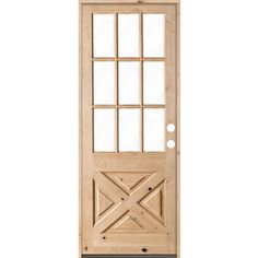 a wooden door with an open window on the top and bottom panel, in front of a white background