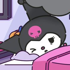 a cartoon character laying in bed with a skull on it's head and eyes