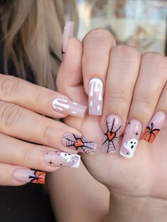 Multicolor  Collar   Animal,Cartoon,Geometric,Striped Color Nails Embellished   Beauty Tools Halloween Acrylic, Halloween Press On Nails, Halloween Acrylic Nails, Fake Nails With Glue, Her Nails, Nails For Women, Halloween Nail Designs, Halloween Nail