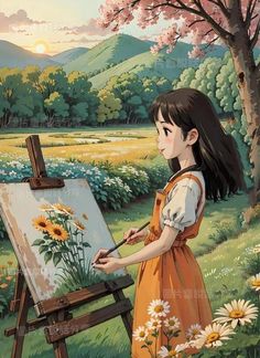 a girl is painting flowers on an easel in front of a field with sunflowers