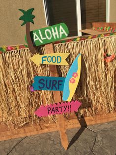 a sign that says aloha, food surf party and palm trees on it