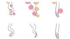 different shapes and sizes of hair on a white background with pink polka dotes around the edges