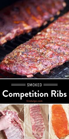 some meat is being cooked on a grill with the words smoked competition ribs above it