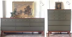 two side by side pictures of a dresser and mirror in a room with paintings on the wall