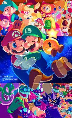 an image of mario's super mario bros wallpaper with many other characters in the background