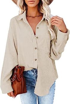 Dokotoo Womens Corduroy Button Down Shirts Boyfriend Long Sleeve Oversized Blouses Tops at Amazon Women’s Clothing store Corduroy Blouse, Corduroy Top, Belle Silhouette, Loose Fit Shirts, Women's Button Down Shirt, Casual Long Sleeve Shirts, Oversized Blouse, Shirt Blouses Tops, 가을 패션