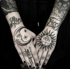 two hands that have tattoos on them with the sun and moon tattooed on each hand