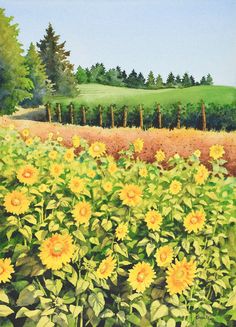 a painting of sunflowers in a field