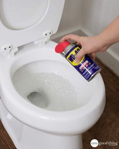 a person is cleaning a toilet with a spray