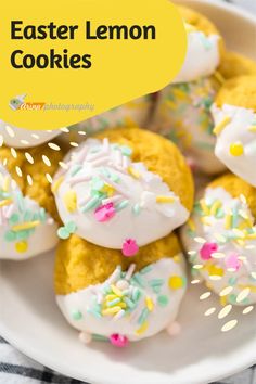 an easter lemon cookies with sprinkles and white frosting on a plate