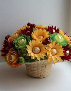 a basket filled with flowers sitting on top of a table