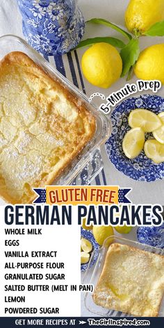 an advertisement for gluten free german pancakes with lemons