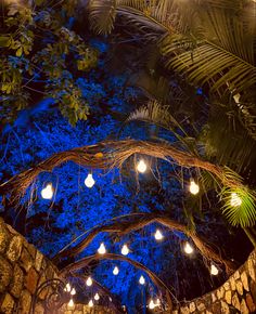 an outdoor dining area is lit up at night with lights strung from the ceiling and palm trees in the background