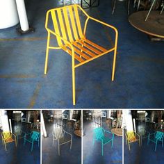 four pictures of different colored chairs on the floor and in front of each other,