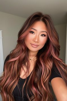 Dark To Light Hair Color Ideas, Mahogany With Blonde Highlights, Brown Hair With Light Red Highlights, Cherry Chestnut Hair, Pink Dark Brown Hair, Red Rose Gold Hair, Colored Highlights On Brown Hair, Red Hair W Highlights, Light Brown Hair With Burgundy Highlights