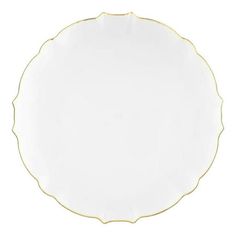 an empty white plate with gold trim