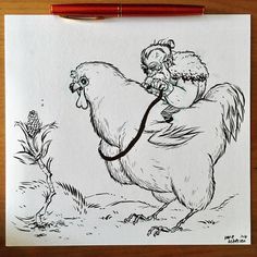 a drawing of a chicken with a man on it's back