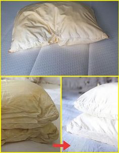 three pictures show how to make a pillow out of an overstuffed bed sheet