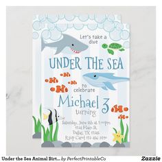 two baby shower cards with dolphins and fish on them, one is under the sea