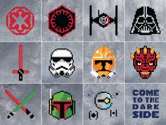 the star wars cross stitch pattern is shown in different colors and sizes, including red, white