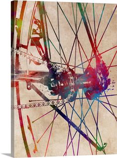 a bicycle wheel with colorful spokes is shown in this artistic painting by artist mark taylor